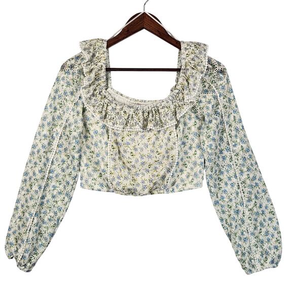 House of Harlow 1960 Tops - House of Harlow 1960 Floral Crop Blouse Womens M Blue Ruffle Cottagecore EUC